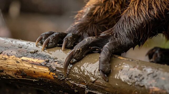 Close-up of large animal paw with long claws gripping a muddy log