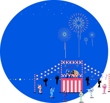 夏祭りの盆踊りと打ち上げ花火の背景イラスト、コピースペース付き、ベクター素材