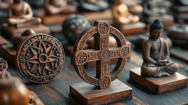 Ancient Celtic Cross and Buddhist Statues Displayed Together.