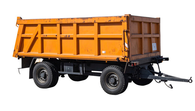 Orange dump trailer for tractor isolated on transparent background