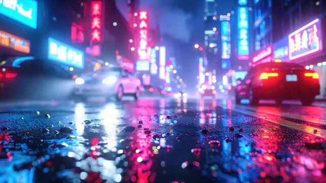 Rain-slicked city street at night, neon signs reflecting, with cars