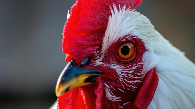 Close-up of a rooster's head, showing its red comb, eye, beak, and white feathers