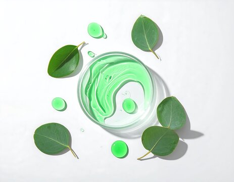 Translucent green eucalyptus oil flow on a neutral surface highlighting environmental purity and natural vitality.