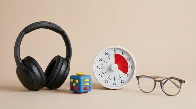 Essential neurodiversity learning support tools featuring noise canceling headphones, visual timer, fidget cube, and glasses on a beige background.