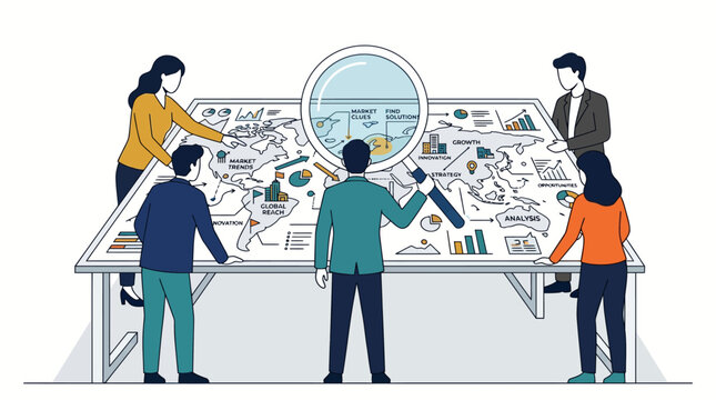 Business group analyzes a global strategy map on a large table to find market clues, vector illustration.
