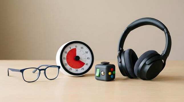 Collection of neurodiversity learning supports including noise canceling headphones, visual timer, fidget cube, and glasses on a desk