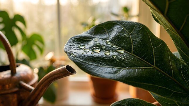 Close up of fresh water droplets on a green fiddle leaf fig plant with a copper watering can in a sunny indoor garden