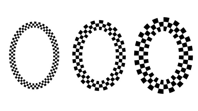 A modern abstract design featuring three concentric oval shaped rings made of black checkerboard patterns, progressively increasing in density. Perfect for technology, digital interface