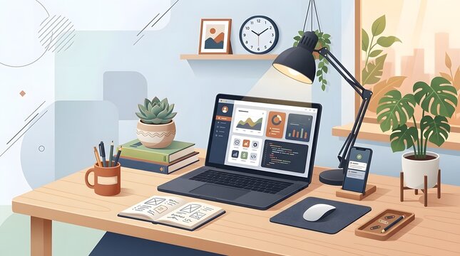 Professional modern home office workspace illustration featuring a laptop with data dashboard, coding interface, smartphone, and creative tools on a wooden desk.