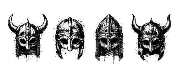 Fototapeta premium viking helmet , Grunge brush distressed paint splatter vector set 
