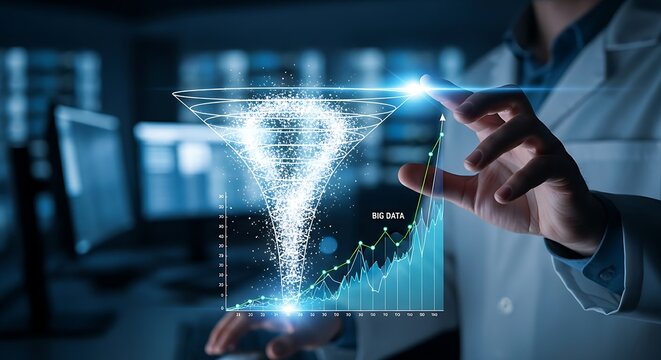 Big data analysis concept. A data scientist's hands watch a holographic funnel transform a chaotic stream of light points into an organized line graph.