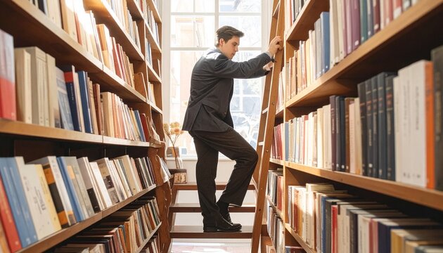 A young man in a suit climbing a wooden ladder in an old library.