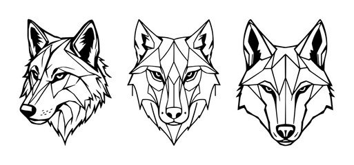 Black line art, white background: stylized geometric wolf head set with simple line art design featuring sketches, drawings, vector graphics with minimalist and simple illustrations © mdbakul