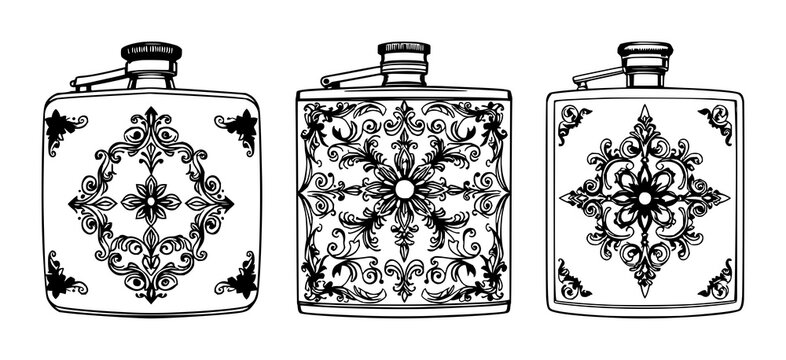 Pocket flask set with intricate black line art on white background featuring ornate silver design, line drawing, vessel with flask and silverware
