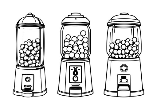 Retro gumball machine set with black line art, white background featuring carnival, nostalgic, amusement with playful and colorful