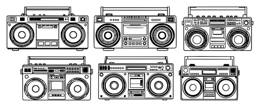 Retro boombox set with black line art illustration featuring boombox, dual speakers, music with vintage retro sound and nostalgic audio technology