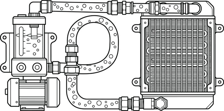 A technical line art drawing depicts an intricate fluid cooling system, showcasing a pump, reservoir, pipes, and a prominent heat exchanger.