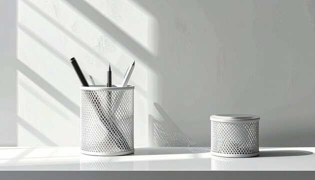 Minimalist office desk accessories with pencil holder and container in sunlight.