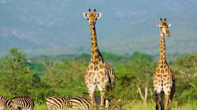 Two southern giraffe (Giraffa giraffa) standing still behind Zebras.