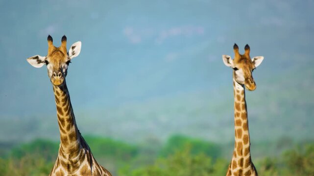 Close up of head and neck of two southern giraffe (Giraffa giraffa) Looking into the Camera.