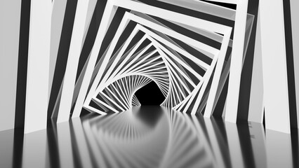 Obraz premium Abstract 3D render of a futuristic tunnel with rotating black and white square frames creating a spiral geometric pattern