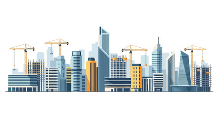 Fototapeta premium Modern City Skyline Construction Site Illustration with Skyscrapers and Cranes, Flat Vector Urban Development Concept on White Background