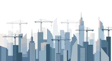 Obraz premium City Skyline Construction Cranes Illustration: Modern Urban Development, Real Estate Growth, and Industrial Engineering Flat Design Vector