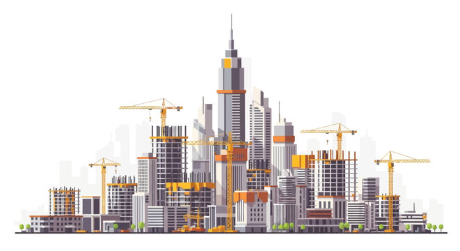 Modern City Skyline Construction Flat Vector Illustration - Urban Development and Architecture Building Site with Cranes
