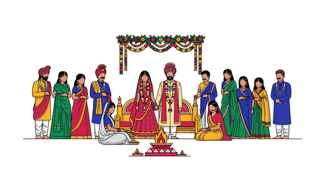 Illustration of an Indian wedding ceremony with a bride and groom surrounded by family and friends in traditional attire against a decorative background.