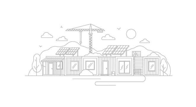 Sustainable Modular Home Construction Line Art Illustration with Solar Panels and Crane