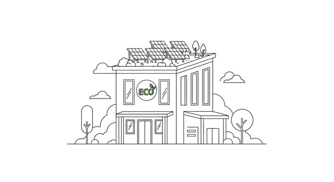 Sustainable House Line Art Illustration with Rooftop Solar Panels and Eco Logo - Minimalist Green Architecture Concept
