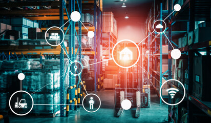 Fototapeta premium Smart warehouse management system with innovative internet of things technology to identify package picking and delivery . Future concept of supply chain and logistic network business .