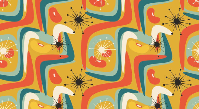 Vibrant mid-century vector swans dance in a whimsical abstract pattern on a yellow background with swirling shapes.