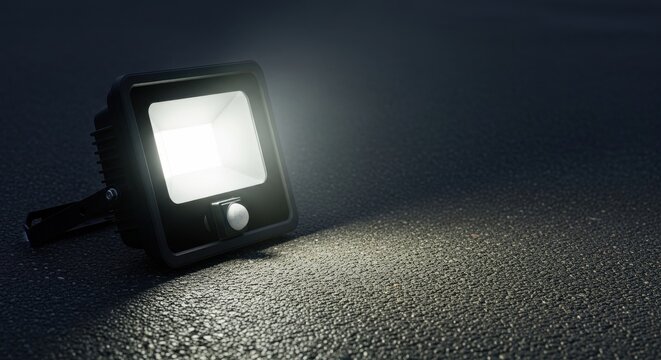 Black heavy-duty motion sensor floodlight casting bright illumination on a textured surface.
