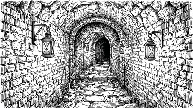 Ancient Stone Tunnel Illuminated by Lanterns in Dim Light