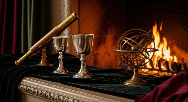 Elegant antique polished metal wine glasses and brass celestial globe near a warm fireplace with a vintage telescope, creating a sophisticated and inviting ambiance.