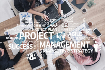 A dynamic business meeting showcasing a team engaged in project management discussions, focusing on...