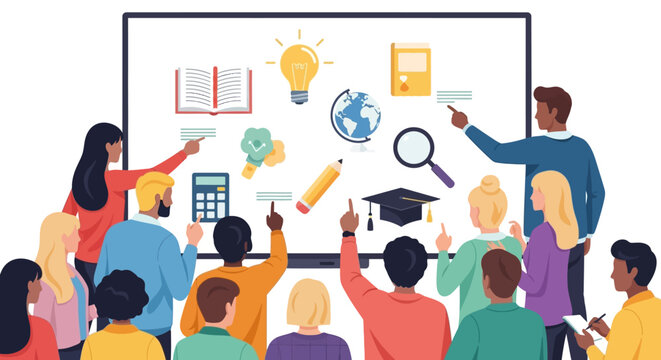 Diverse group of students participating in an interactive classroom lesson. EPS Editable. Vector Illustrations.