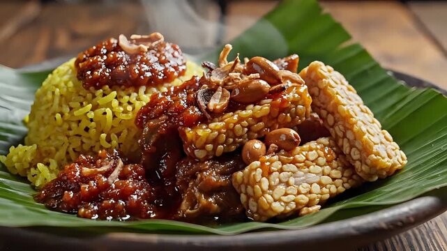 Delicious Indonesian Nasi Kuning served on banana leaf with tempeh and chili sauce.