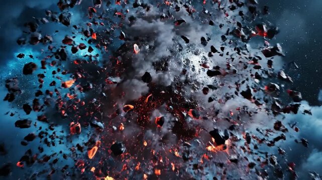 A fiery, exploding planet amidst a starry, cloudy cosmic background