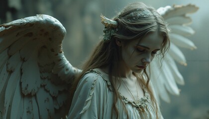 Fototapeta premium Fallen Angel with Weathered Wings in Tattered White Gown