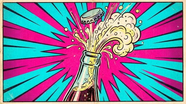 Refreshing cold soda bottle popping its cap with foam spraying out in a vibrant retro comic style