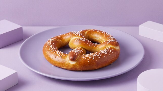 Freshly baked golden brown pretzel topped with sea salt served on a simple purple plate for snacks