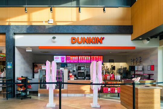 Syracuse, NY - Apr 14, 2026: Dunkin&rsquo; location inside the Applegreen Travel Plaza. Dunkin&rsquo; was founded in 1950 and operates more than 9,500 U.S. and international stores as part of Inspire Brands