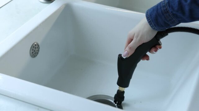 Woman cleaning white sink with steam cleaner, closeup. Camera moving forward