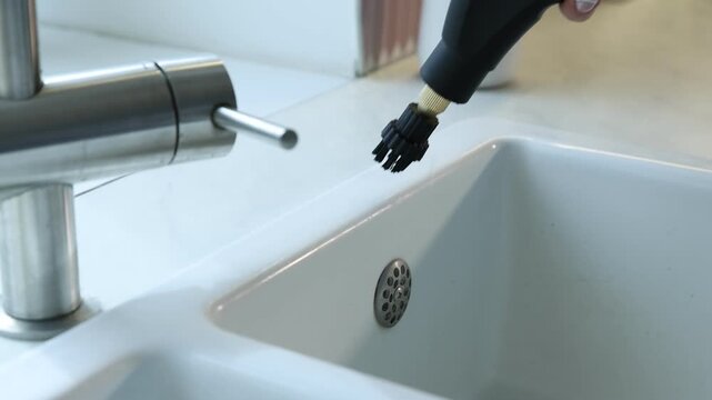 Woman cleaning white sink and faucet with steam cleaner at home, closeup. Camera moving forward and backwards