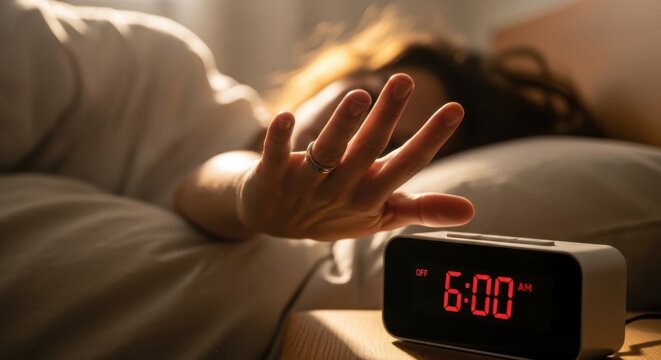 Hand Reaching to Turn Off an Alarm Clock Showing 6:00 AM, Indicating Waking Up in Early Morning.