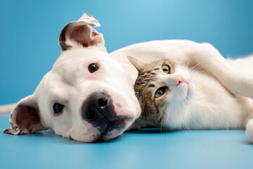 Obraz premium dog and cat lying together peacefully on blue background close companionship