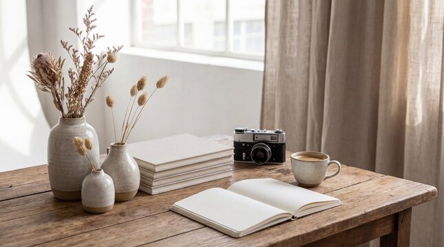 Dried flowers in ceramic vases with vintage camera and open book sitting on a wooden desk