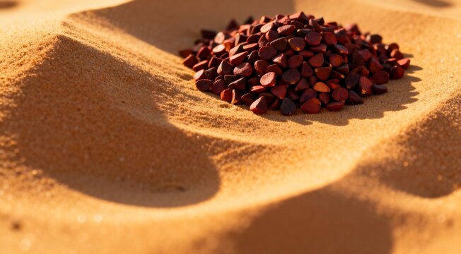 Pile of Annatto Seeds on Textured Sand Dune Surface
